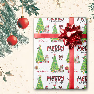 Papier Cadeau Collie Chien, Oiseau et Arbre de Noël