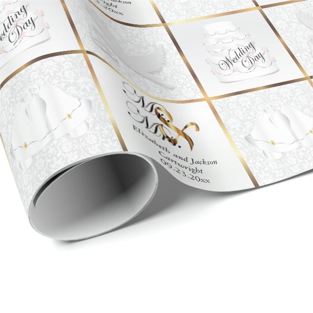 Papier Cadeau Colombes, Bells et gâteau blancs de jour du (Coin rond)