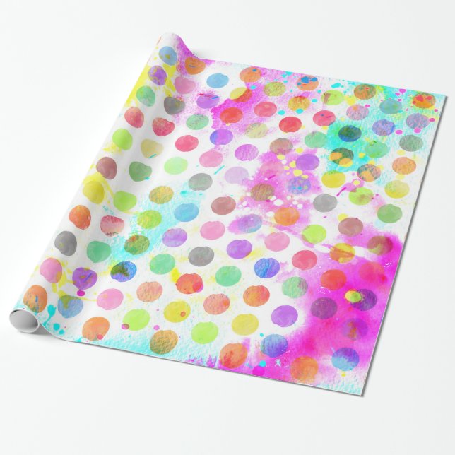 Papier Cadeau coloré éclaboussures d'aquarelle pois (Déroulé)