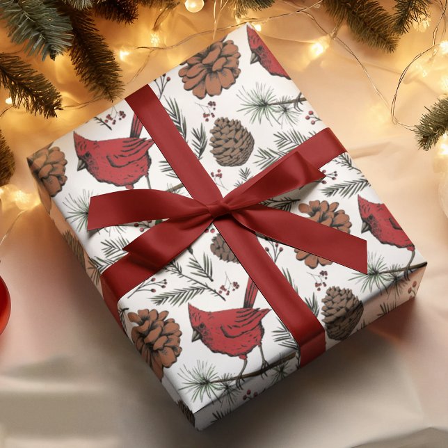 Papier Cadeau Coloré Hiver Perché Rouge Cardinal & Pine Cônes (Elegant Hand-drawn Holiday Red Cardinal Birds, Pinecones and Red Berries on a White Background)