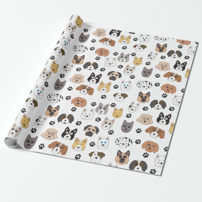 Papier Cadeau Coloré mignon Chiens amusants et Chien Paw Motif (Déroulé)