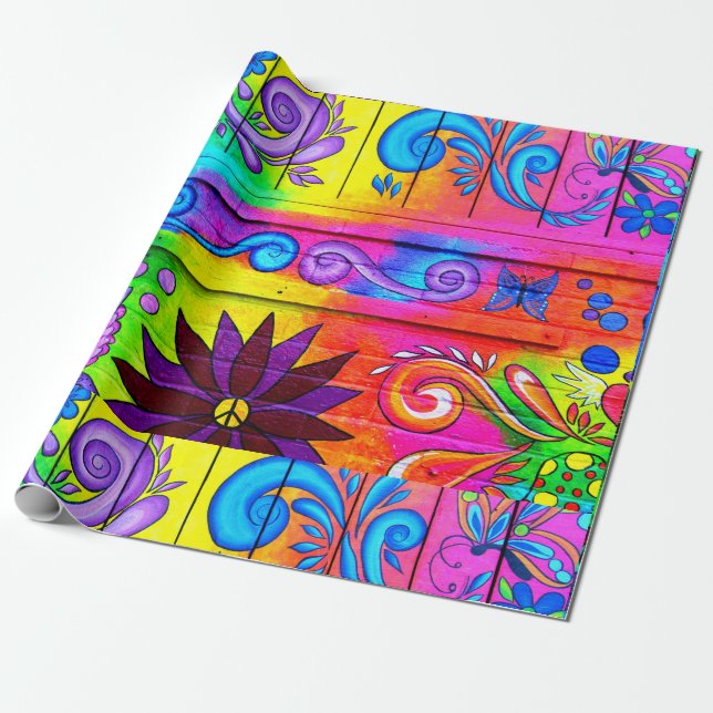Papier Cadeau coloré psychédélique des années 70 hippies (Déroulé)