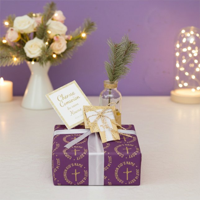 Papier Cadeau Communion magenta rouge or et raisin personnalisé (Créateur téléchargé)