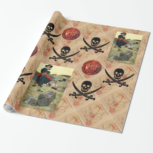 PAPIER CADEAU COMPLEXE ET ÉPÈRES, PIRATES CARTE DU TRÉSOR PARCHE (Déroulé)