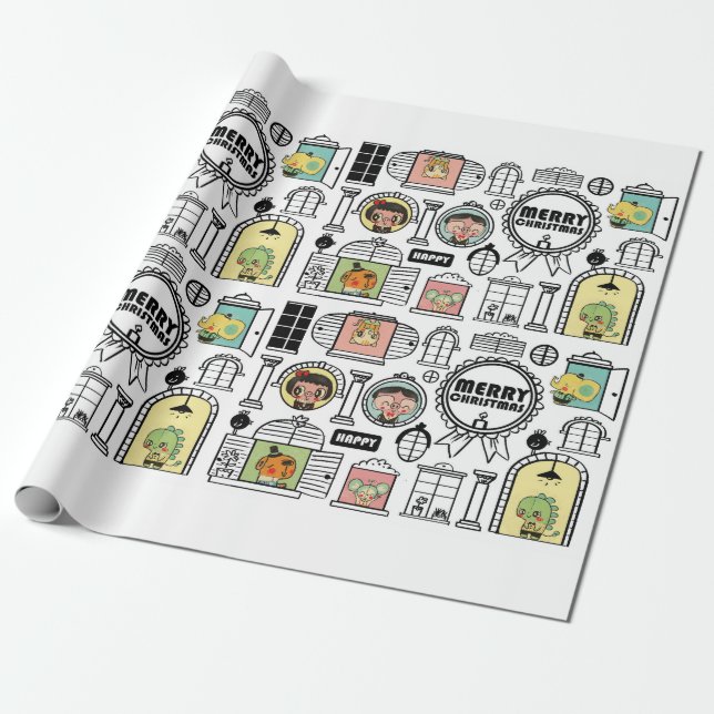 Papier Cadeau Conception animale de fenêtre de motif de Noël (Déroulé)