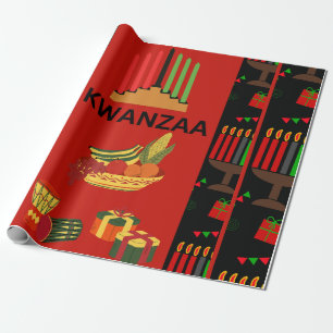 Papier Cadeau Conception de Kwanzaa Festive avec Kinara, Fruits