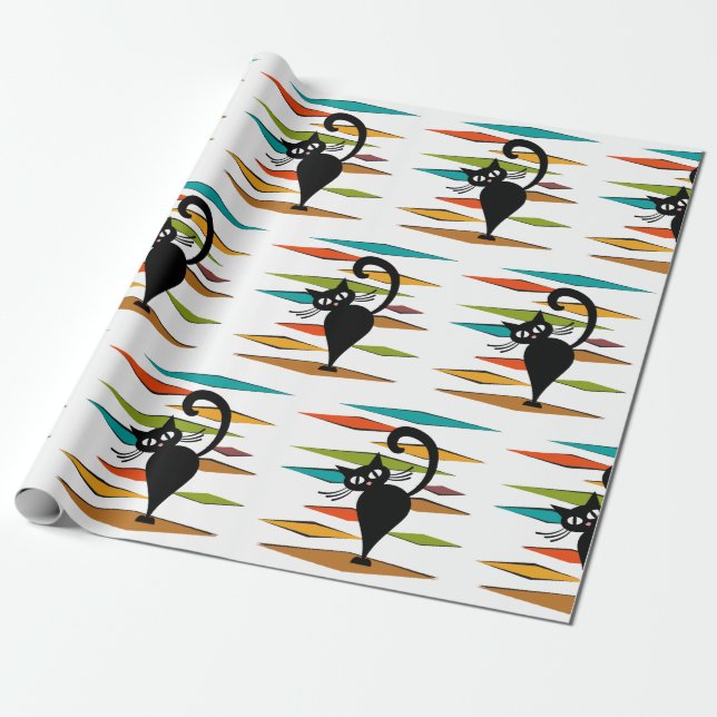 Papier Cadeau Conception du chat noir du milieu du siècle (Déroulé)