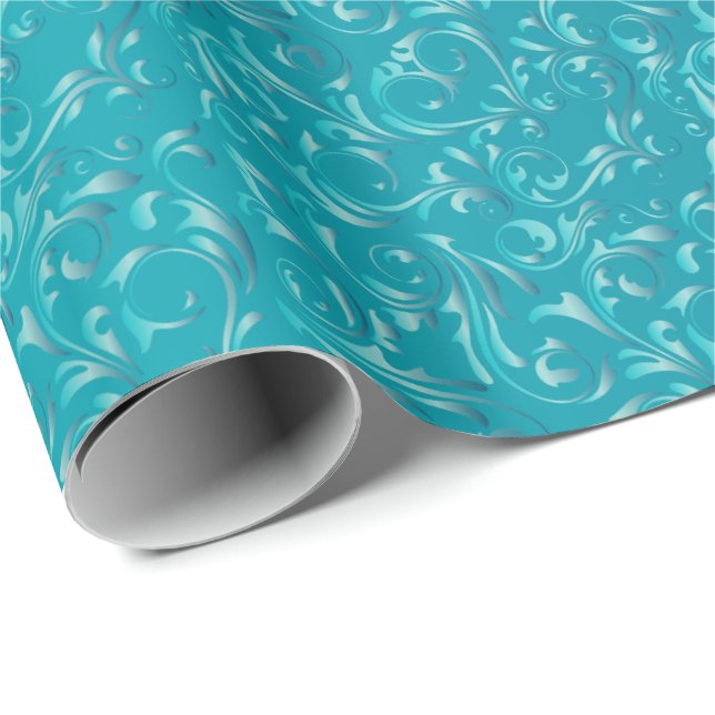 Papier Cadeau Conception élégante de damassé de bleu de (Coin rond)