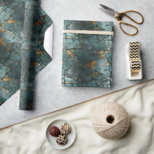 Papier Cadeau Conception Motif Patinée turquoise et feuille d'or