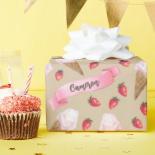 Papier Cadeau Cône de crème glacée à la fraise illustrée à la ma