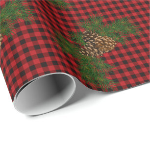 Papier Cadeau cône de pin plaid rétro roux noir