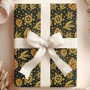Papier Cadeau Cône de pin rustique doré Vert Noël Christmas