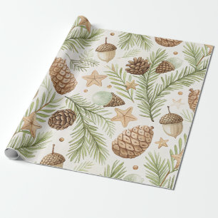 Papier Cadeau Cône de pin vert naturel or marron