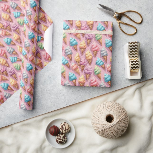 Papier Cadeau Cônes De Crème De Glace Sur Rose (Artisanat)