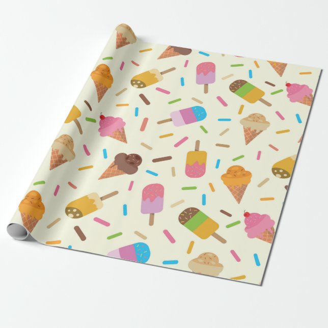 Papier Cadeau Cônes de crème glacée et Popsicles avec arroses (Déroulé)