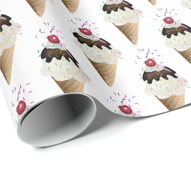 Papier Cadeau Cônes de crème glacée sur blanc (Coin rond)