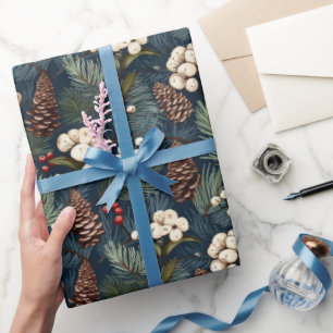 Papier Cadeau Cônes de pin Branches Bleu Blanc Marron Motif de N