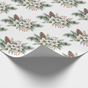 Papier Cadeau Cônes de pin de Noël Branches fleurs houx baie