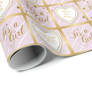 Papier Cadeau Confetti rose et or bébé - Fille bébé