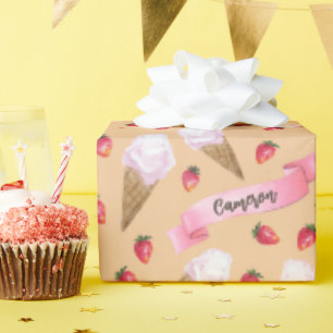 Papier Cadeau Conne de crème glacée de fraise Brown Kraft