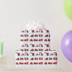 Papier Cadeau Construction, Camions noirs et rouges, Grue, Tract