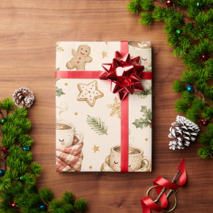 Papier Cadeau Cookies au Gingembre Chauds Cacao de Noël Holly