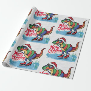 Papier Cadeau Cool amusant T-rex Dinosaur Patinage Noël Abstrait