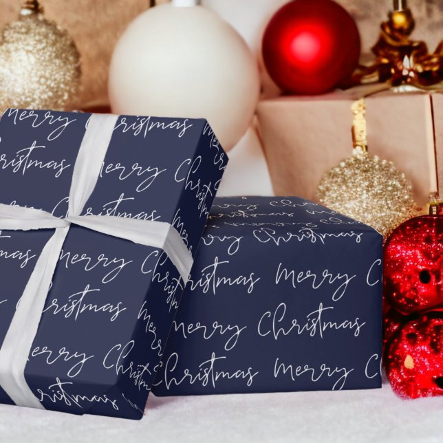 Papier Cadeau Cool Joyeux script de Noël police motif bleu (Cool Merry Christmas script font blue pattern Wrapping Paper)