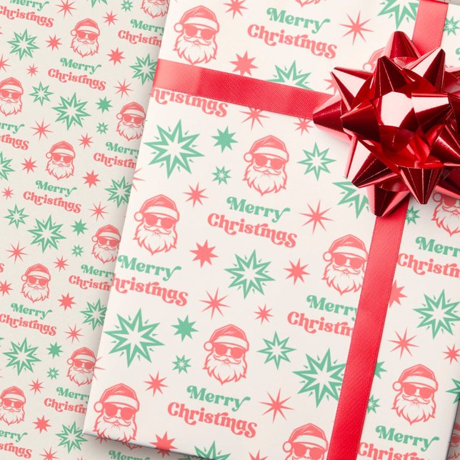 Papier Cadeau Cool Père Noël retro Joyeux Noël vert pâle (Cool Santa retro Merry Christmas pale red green Wrapping Paper)
