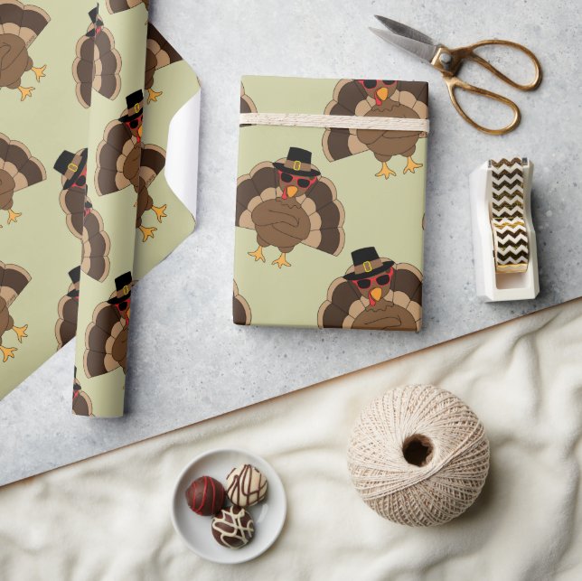 Papier Cadeau Cool Turquie Thanksgiving fun brun vert motif (Artisanat)