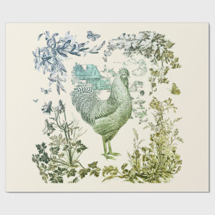Papier Cadeau Coq élégant de style vintage, toile florale sage 