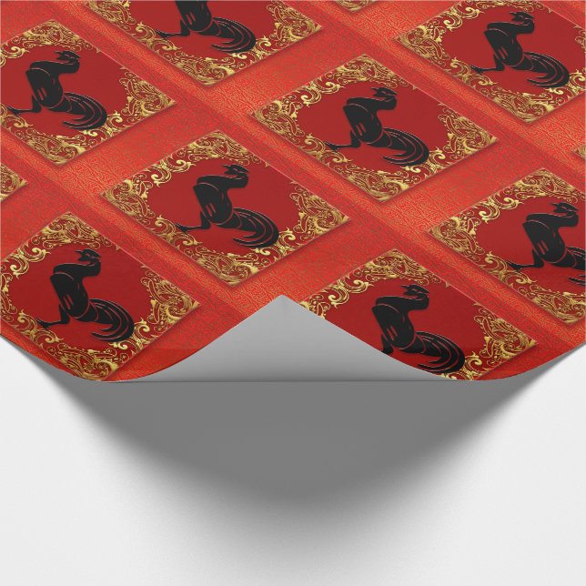 Papier Cadeau Coq noir chinois Zodiac animal rouge et or (Coin)