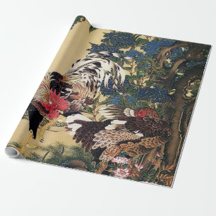 Papier Cadeau Coq Poule et Hydrangea par Ito Jakuchu