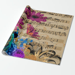 Papier Cadeau Coq, tôlerie et fleurs