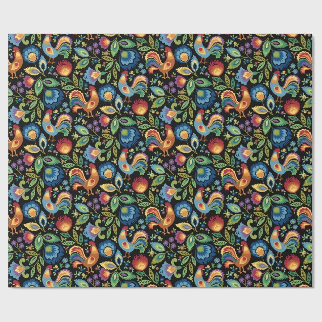 Papier Cadeau Coqs folkloriques polonais (Plat)