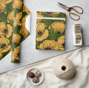 Papier Cadeau Coquelicots jaunes sur vert foncé