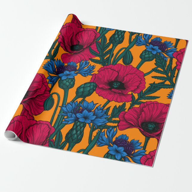 Papier Cadeau Coquelicots rouges et fleurs de maïs bleues sur or (Déroulé)