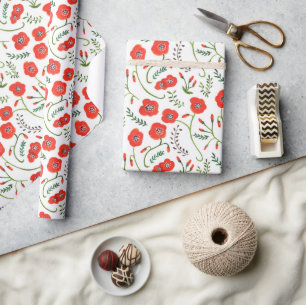 Papier Cadeau Coquelicots rouges mariage floral moderne