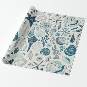 Papier Cadeau Coques de mer sur blanc