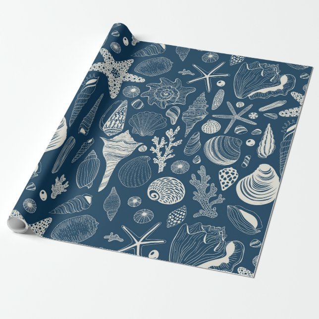 Papier Cadeau Coques de mer sur bleu foncé (Déroulé)