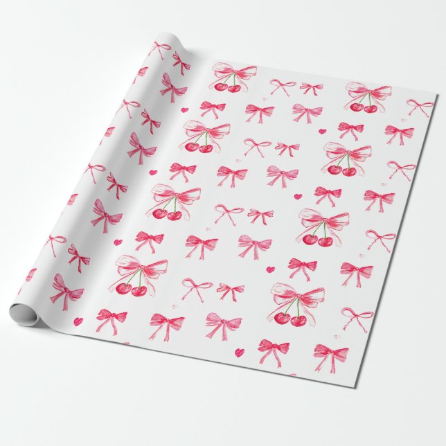 Papier Cadeau Coquette Blush Pink Bow Cherry Girls mignonne (Déroulé)