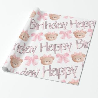 Papier Cadeau Coquette Bows & Teddy Bear - Joyeux anniversaire