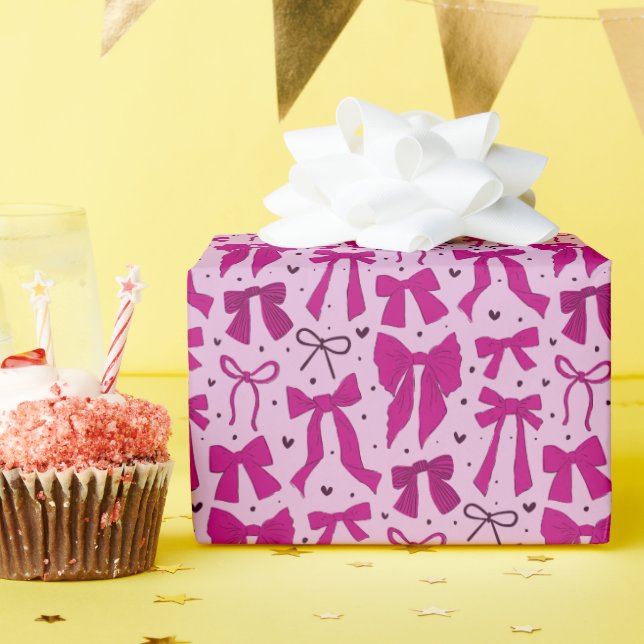 Papier Cadeau Coquette Magenta Bows & Coeurs (Fête d'anniversaire)