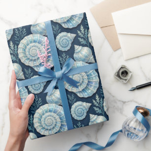 Papier Cadeau Coquillage étoile de mer nautique bleu et blanc 