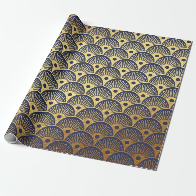 Papier Cadeau Coquillages Art Déco Vagues Marine Blue Vip Yacht (Déroulé)