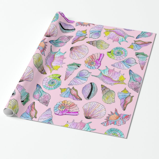 Papier Cadeau Coquillages d'été en peinture peinte Girly (Déroulé)