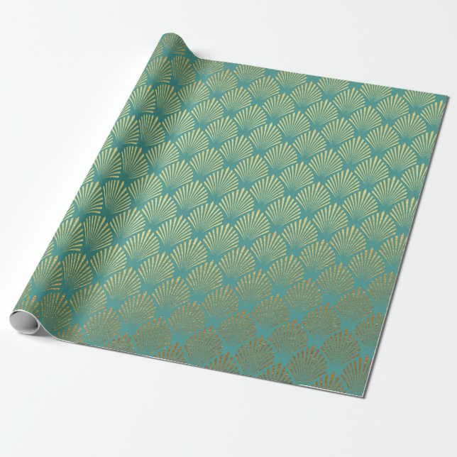 Papier Cadeau Coquillages d'or Art Déco Mint Green Vip Yacht Clu (Déroulé)