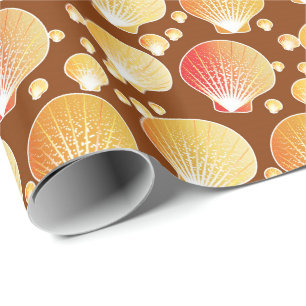 Papier Cadeau Coquillages d'or et de corail sur le brun du café