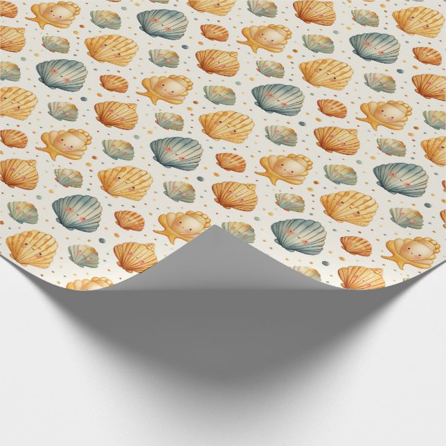 Papier Cadeau Coquillages Kawaii Jaunes et Bleus (Coin)