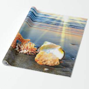 Papier Cadeau Coquillages marins et étoiles de mer sur la plage